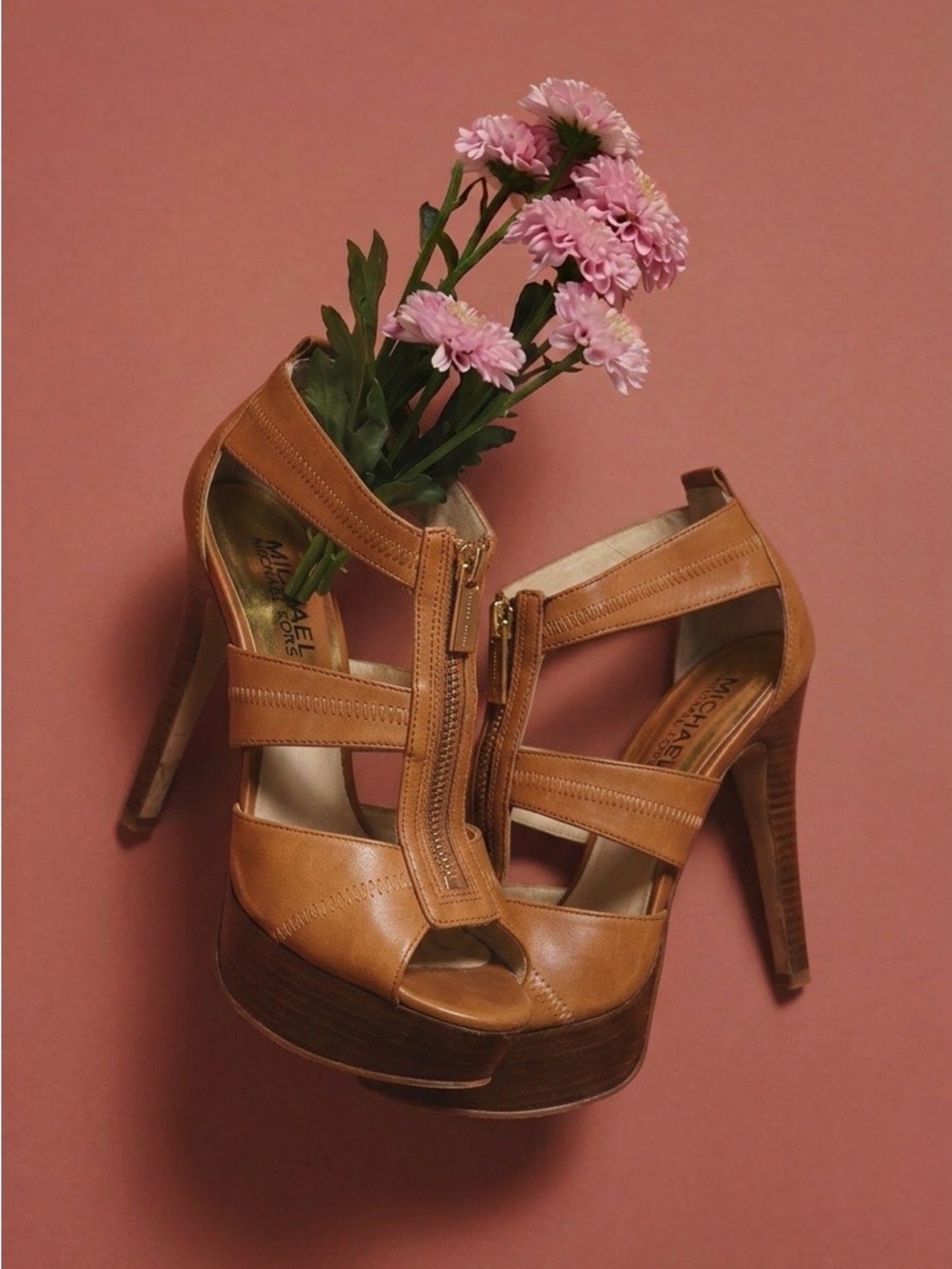Michael Kors Cognac Leather Platform Peep-Toe Heels